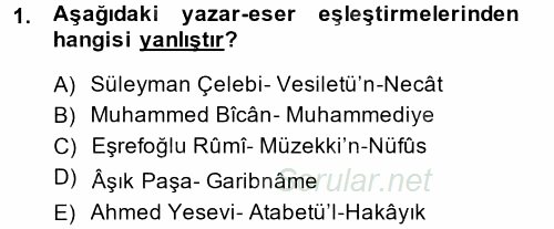 Türk İslam Edebiyatı 2014 - 2015 Dönem Sonu Sınavı 1.Soru