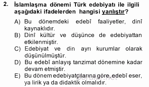 Türk İslam Edebiyatı 2014 - 2015 Dönem Sonu Sınavı 2.Soru