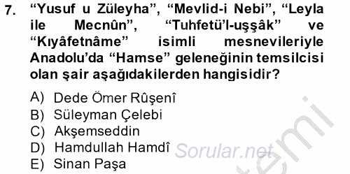 Türk İslam Edebiyatı 2014 - 2015 Dönem Sonu Sınavı 7.Soru