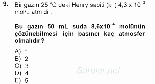 Genel Kimya 2 2013 - 2014 Tek Ders Sınavı 9.Soru
