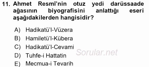 XVIII. Yüzyıl Türk Edebiyatı 2015 - 2016 Tek Ders Sınavı 11.Soru