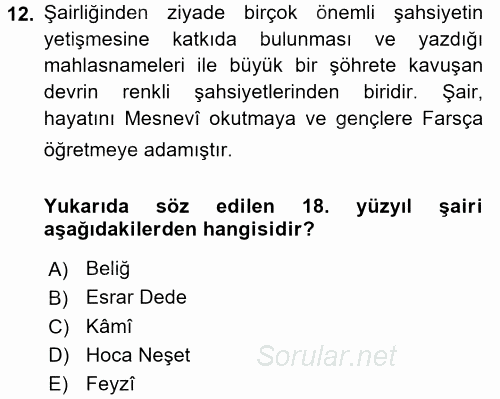 XVIII. Yüzyıl Türk Edebiyatı 2015 - 2016 Tek Ders Sınavı 12.Soru