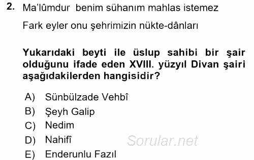 XVIII. Yüzyıl Türk Edebiyatı 2015 - 2016 Tek Ders Sınavı 2.Soru