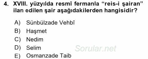XVIII. Yüzyıl Türk Edebiyatı 2015 - 2016 Tek Ders Sınavı 4.Soru