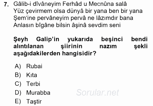 XVIII. Yüzyıl Türk Edebiyatı 2015 - 2016 Tek Ders Sınavı 7.Soru