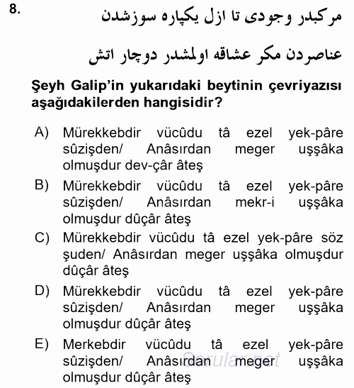XVIII. Yüzyıl Türk Edebiyatı 2015 - 2016 Tek Ders Sınavı 8.Soru