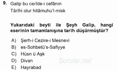 XVIII. Yüzyıl Türk Edebiyatı 2015 - 2016 Tek Ders Sınavı 9.Soru