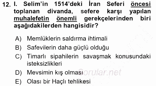 Osmanlı Tarihi (1299-1566) 2015 - 2016 Dönem Sonu Sınavı 12.Soru