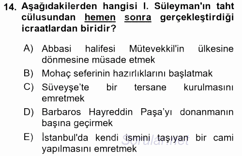 Osmanlı Tarihi (1299-1566) 2015 - 2016 Dönem Sonu Sınavı 14.Soru