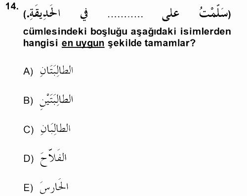 Arapça 1 2014 - 2015 Tek Ders Sınavı 14.Soru