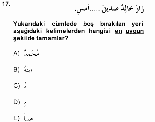 Arapça 1 2014 - 2015 Tek Ders Sınavı 17.Soru