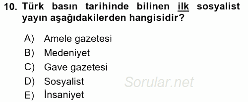 Türk Basın Tarihi 2016 - 2017 Ara Sınavı 10.Soru