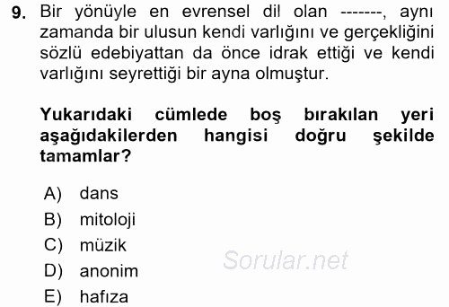 Halk Edebiyatına Giriş 2 2017 - 2018 Ara Sınavı 9.Soru