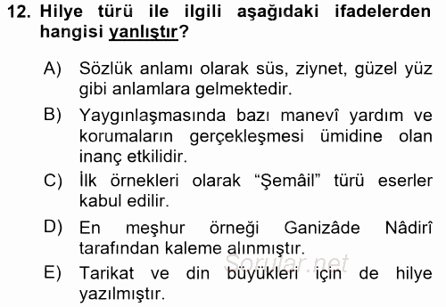 Türk İslam Edebiyatı 2016 - 2017 Dönem Sonu Sınavı 12.Soru