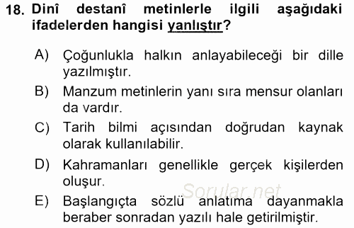 Türk İslam Edebiyatı 2016 - 2017 Dönem Sonu Sınavı 18.Soru