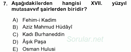 Türk İslam Edebiyatı 2016 - 2017 Dönem Sonu Sınavı 7.Soru