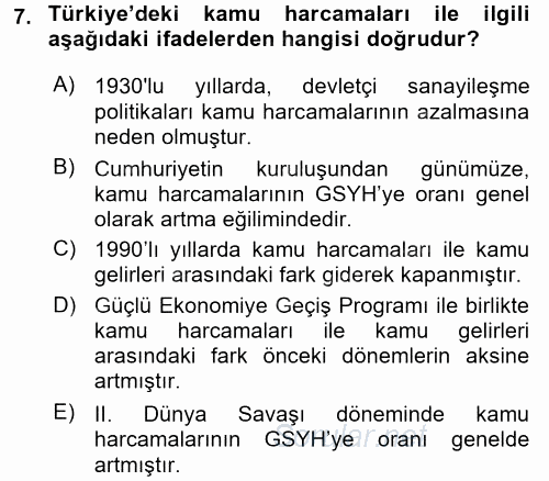 Türkiye Ekonomisi 2015 - 2016 Tek Ders Sınavı 7.Soru