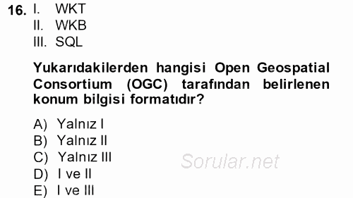 Coğrafi Bilgi Sistemleri 2014 - 2015 Ara Sınavı 16.Soru