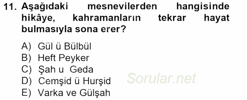 XVI. Yüzyıl Türk Edebiyatı 2013 - 2014 Dönem Sonu Sınavı 11.Soru