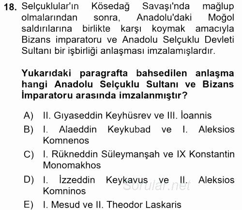 Bizans Tarihi 2015 - 2016 Ara Sınavı 18.Soru