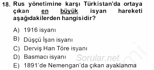 XIX. Yüzyıl Türk Dünyası 2013 - 2014 Dönem Sonu Sınavı 18.Soru