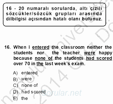 Pedagojik Gramer 1 2013 - 2014 Ara Sınavı 16.Soru