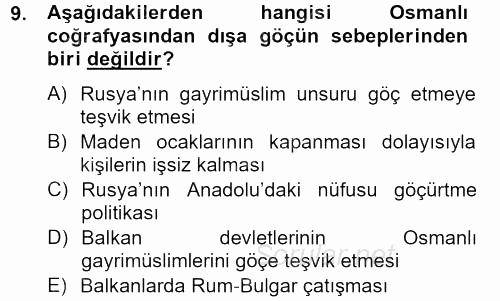 Osmanlı´da İskan ve Göç 2012 - 2013 Dönem Sonu Sınavı 9.Soru