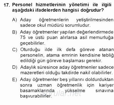 Türk Eğitim Sistemi Ve Okul Yönetimi 2014 - 2015 Dönem Sonu Sınavı 17.Soru