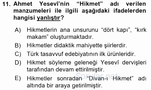 Türk İslam Edebiyatı 2016 - 2017 3 Ders Sınavı 11.Soru