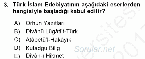 Türk İslam Edebiyatı 2016 - 2017 3 Ders Sınavı 3.Soru
