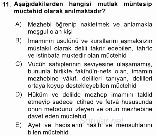 İslam Hukukuna Giriş 2016 - 2017 3 Ders Sınavı 11.Soru