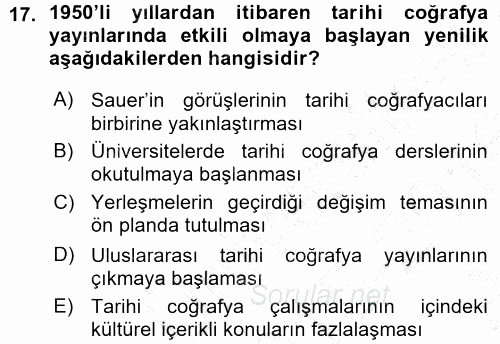 Tarihi Coğrafya 2015 - 2016 Ara Sınavı 17.Soru