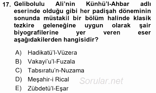 XVIII. Yüzyıl Türk Edebiyatı 2015 - 2016 Dönem Sonu Sınavı 17.Soru