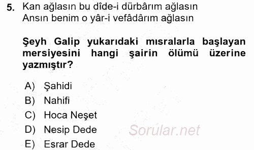 XVIII. Yüzyıl Türk Edebiyatı 2015 - 2016 Dönem Sonu Sınavı 5.Soru