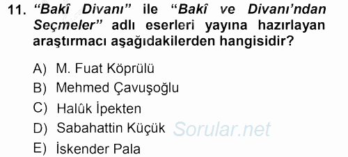 XVI. Yüzyıl Türk Edebiyatı 2012 - 2013 Ara Sınavı 11.Soru