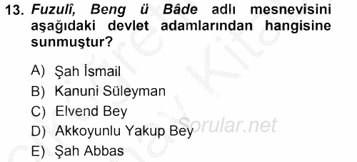 XVI. Yüzyıl Türk Edebiyatı 2012 - 2013 Ara Sınavı 13.Soru
