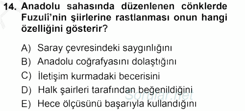 XVI. Yüzyıl Türk Edebiyatı 2012 - 2013 Ara Sınavı 14.Soru