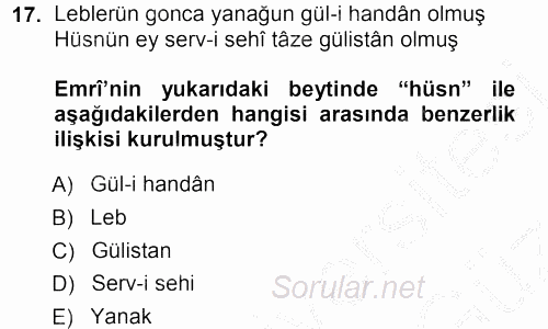 XVI. Yüzyıl Türk Edebiyatı 2012 - 2013 Ara Sınavı 17.Soru