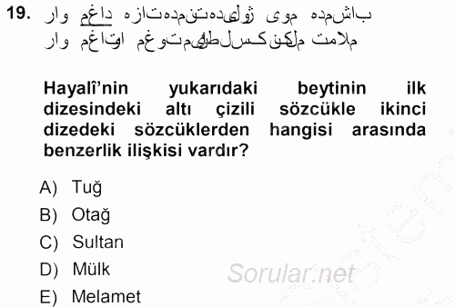 XVI. Yüzyıl Türk Edebiyatı 2012 - 2013 Ara Sınavı 19.Soru