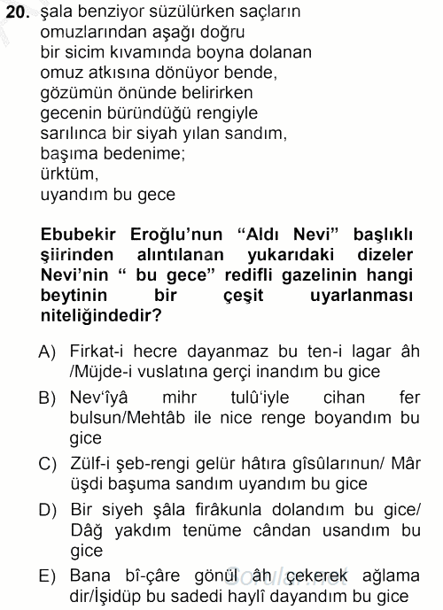 XVI. Yüzyıl Türk Edebiyatı 2012 - 2013 Ara Sınavı 20.Soru