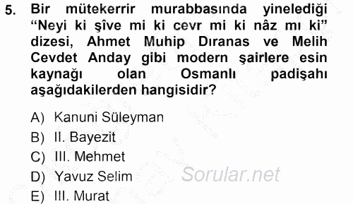 XVI. Yüzyıl Türk Edebiyatı 2012 - 2013 Ara Sınavı 5.Soru