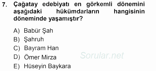 XVI. Yüzyıl Türk Edebiyatı 2012 - 2013 Ara Sınavı 7.Soru