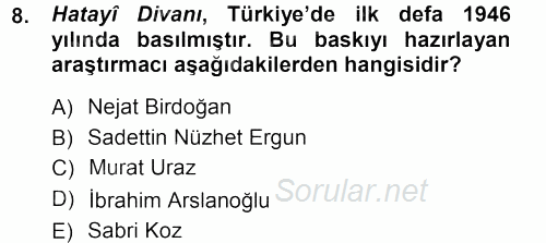XVI. Yüzyıl Türk Edebiyatı 2012 - 2013 Ara Sınavı 8.Soru