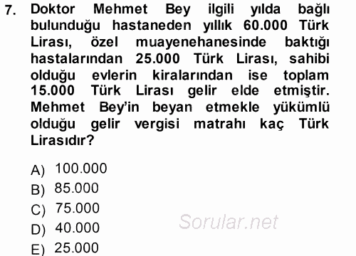 Türk Vergi Sistemi 2013 - 2014 Tek Ders Sınavı 7.Soru