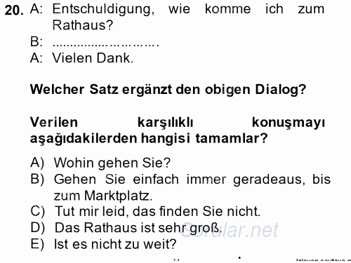 Almanca 1 2013 - 2014 Ara Sınavı 20.Soru