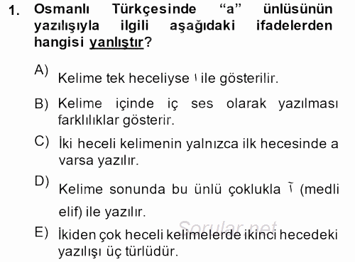 Osmanlı Türkçesine Giriş 1 2013 - 2014 Ara Sınavı 1.Soru