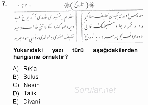 Osmanlı Türkçesine Giriş 1 2013 - 2014 Ara Sınavı 7.Soru