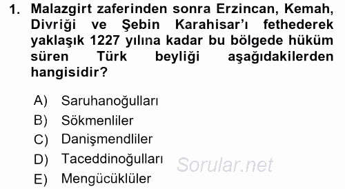 Türkiye Selçuklu Tarihi 2017 - 2018 Ara Sınavı 1.Soru