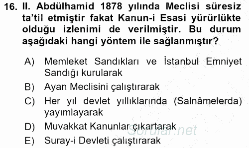 Osmanlı Tarihi (1876–1918) 2015 - 2016 Dönem Sonu Sınavı 16.Soru