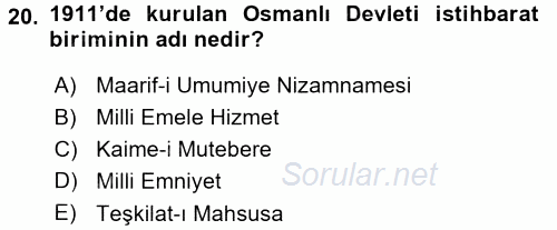 Osmanlı Tarihi (1876–1918) 2015 - 2016 Dönem Sonu Sınavı 20.Soru